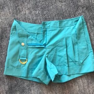 Teal belted pleat shorts